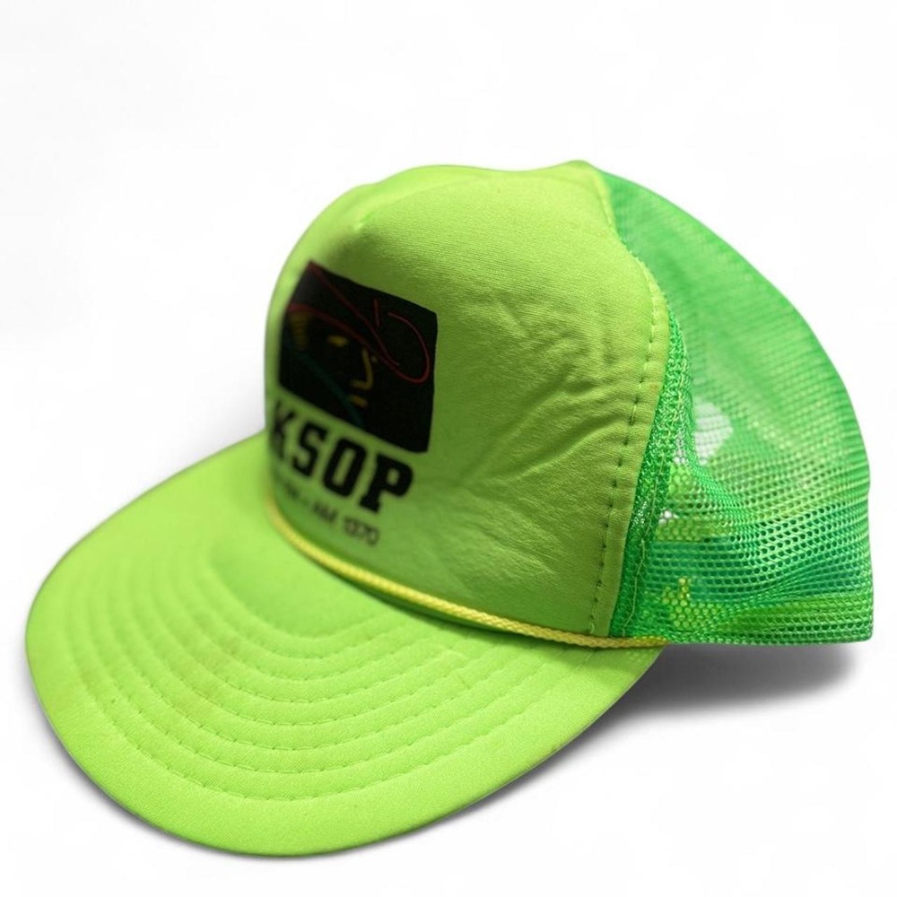 Vintage KSOP Radio Station Neon Green Trucker Cap Hat FM 104 AM 1370 Snapback